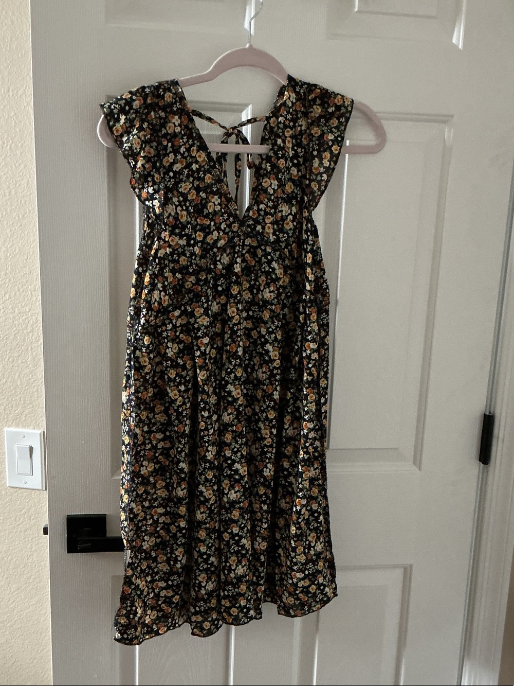 Floral Tie-Back Mini Dress in Black